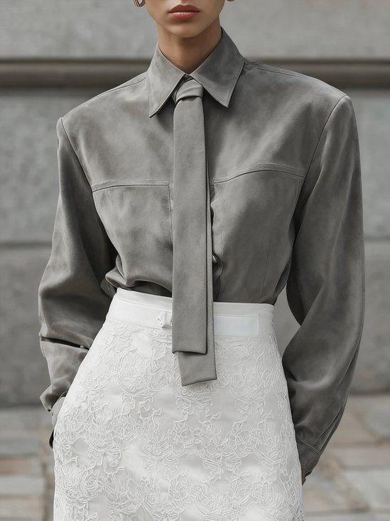 Suede Urban Plain Buttoned Faux Leather Top With Tie