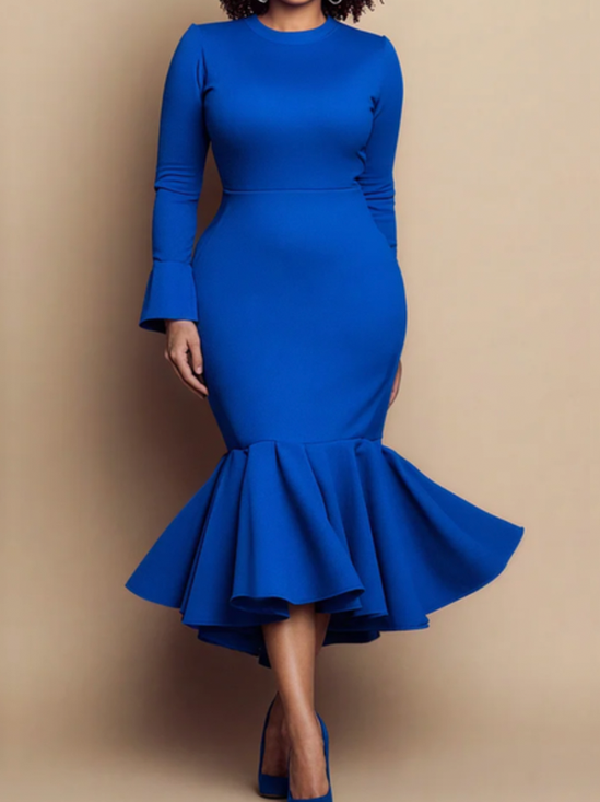 Elegant Plain Crew Neck Midi Dress