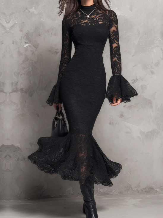 Elegant Plain Stand Collar Midi Dress