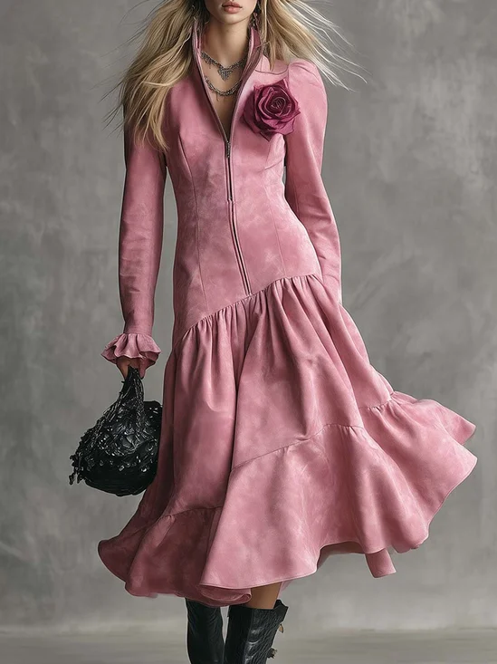 Urban Plain Zipper 3D Floral Stand Collar Suede  Midi Dress
