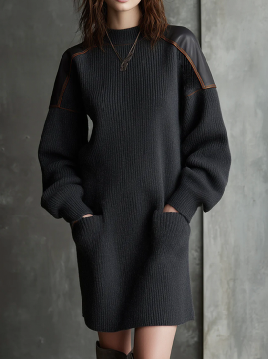 Casual Color Block Stand Collar Mini Sweater Dress