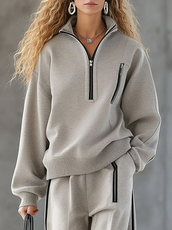 Casual Plain Zipper Stand Collar Raglan Sleeves Sweatshirt