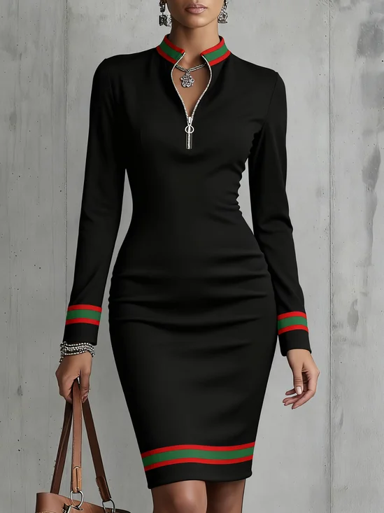 Elegant Color Block Stand Collar Mini Dress