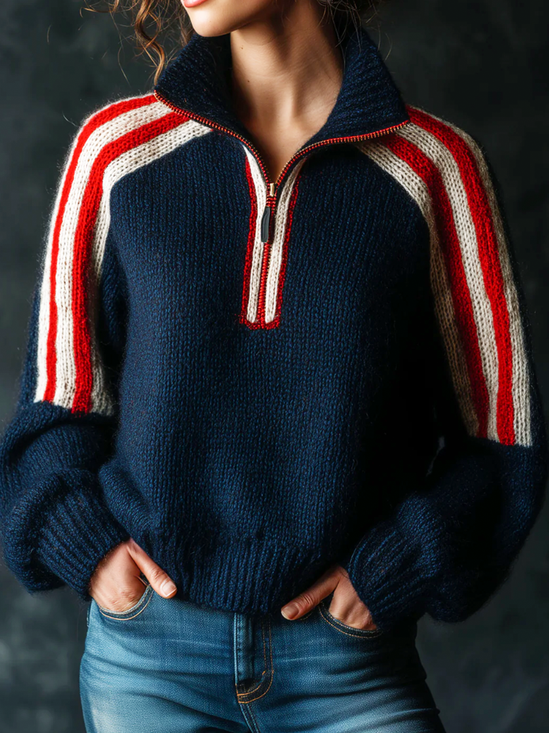 Casual Color Block Stand Collar Sweater