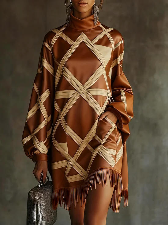 Casual Abstract Graphic Printing Mock Neck Mini Dress