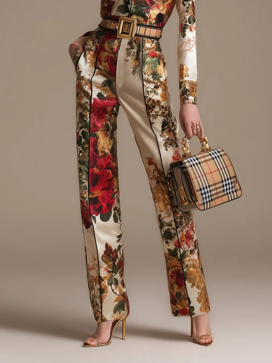 Urban Floral Printing Straight Pants No Belt