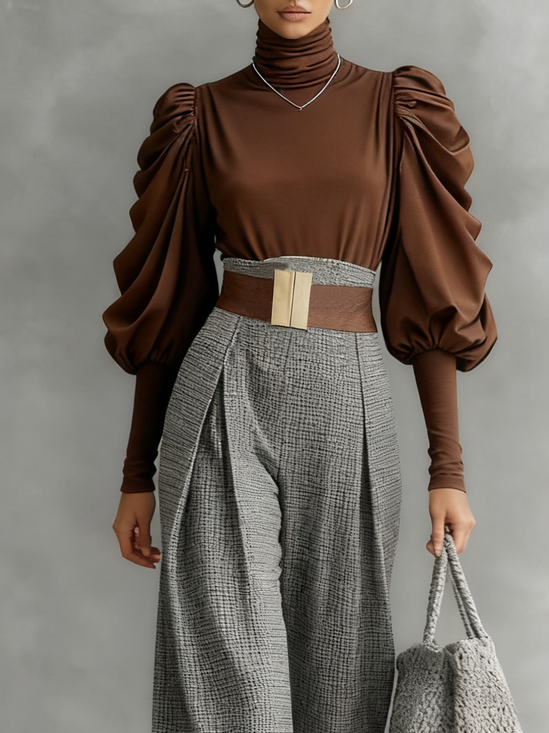 Elegant Plain Turtleneck Puff Sleeve Blouse