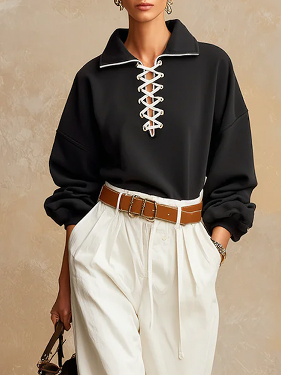 Casual Color Block Shirt Collar Sweatshirt