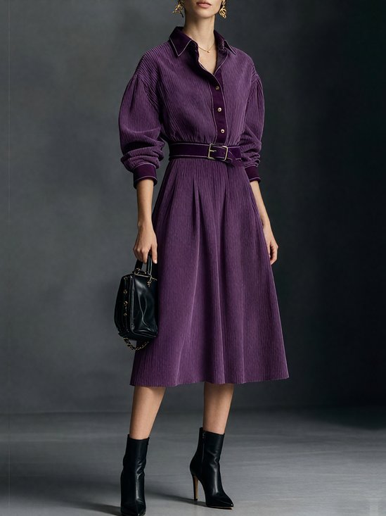 Urban Plain Corduroy Raglan Sleeves Shirt Collar Midi Dress With Belt