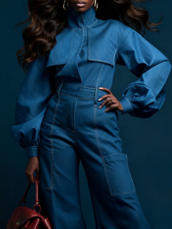 Casual Plain Turtleneck Balloon Sleeve Denim Shirt