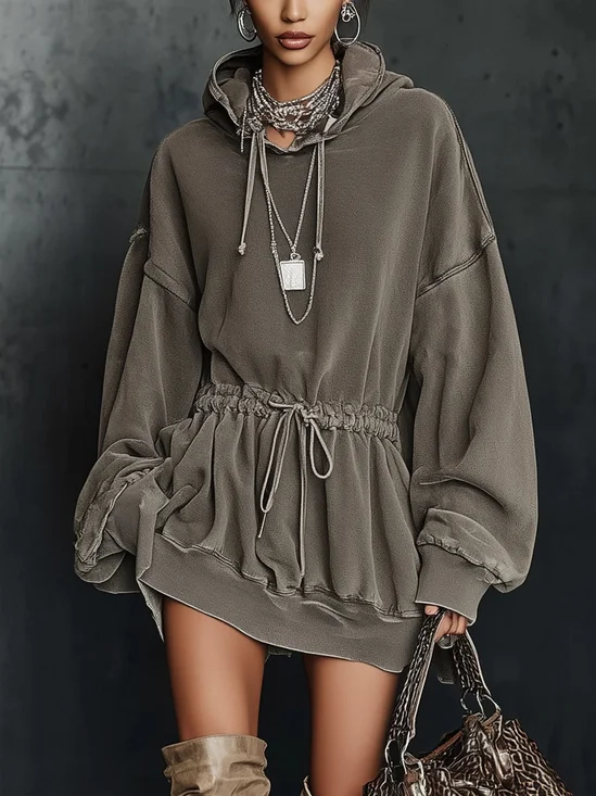 Urban Plain Raglan Sleeves Drawstring Hoodie Mini Dress