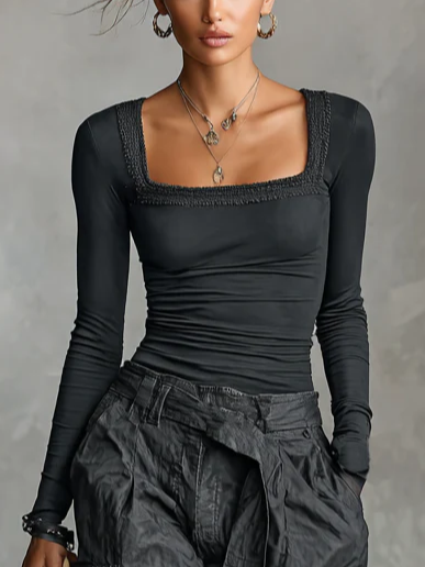 Casual Plain Lace Square Neck T-shirt