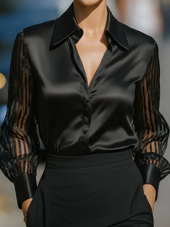 Satin Urban Plain Shirt Collar Shirt