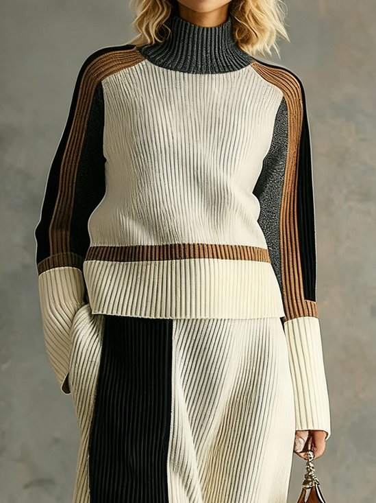 Urban Color Block Turtleneck Regular Sleeve Sweater