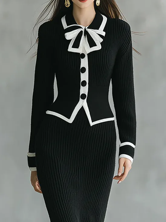 Elegant Color Block Shirt Collar Sweater Cardigan