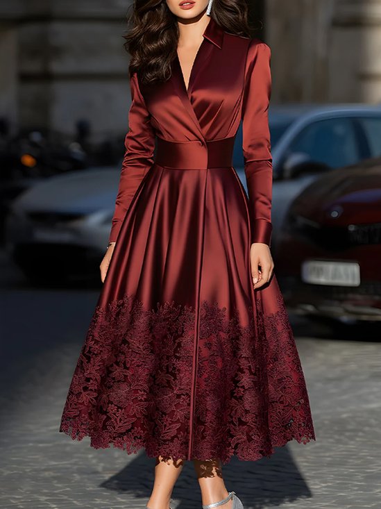Elegant Plain Satin Lace V Neck Midi Dress
