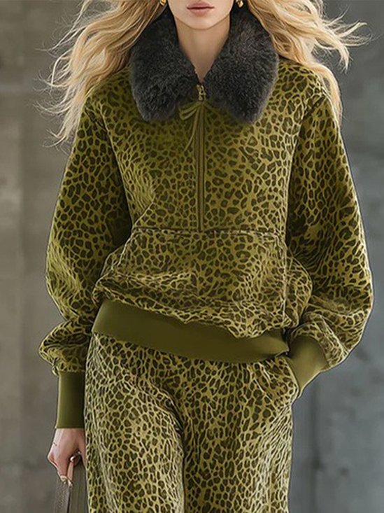 Urban Leopard Printing Shawl Collar Fur Collar Sweatshirt
