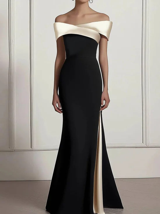 Elegant Color Block Split Joint Off The Shoulder Maxi Dress