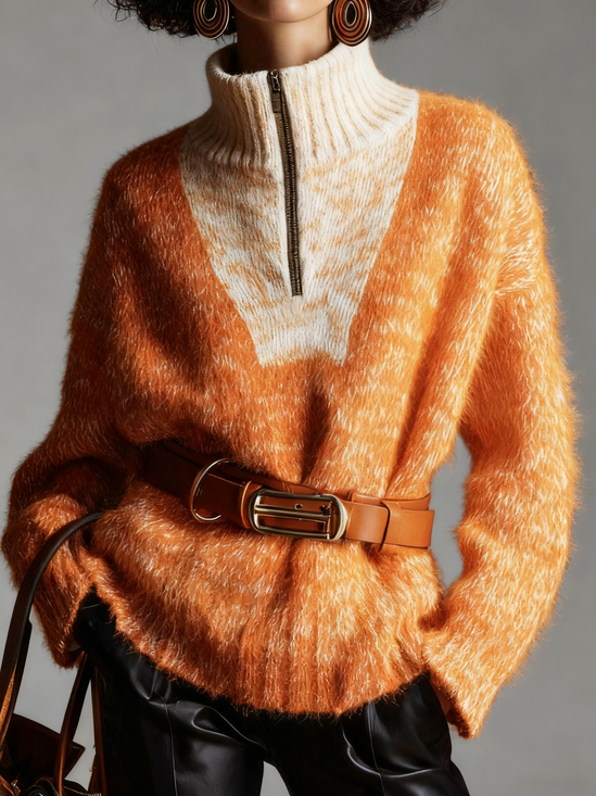 Casual Color Block Stand Collar Sweater