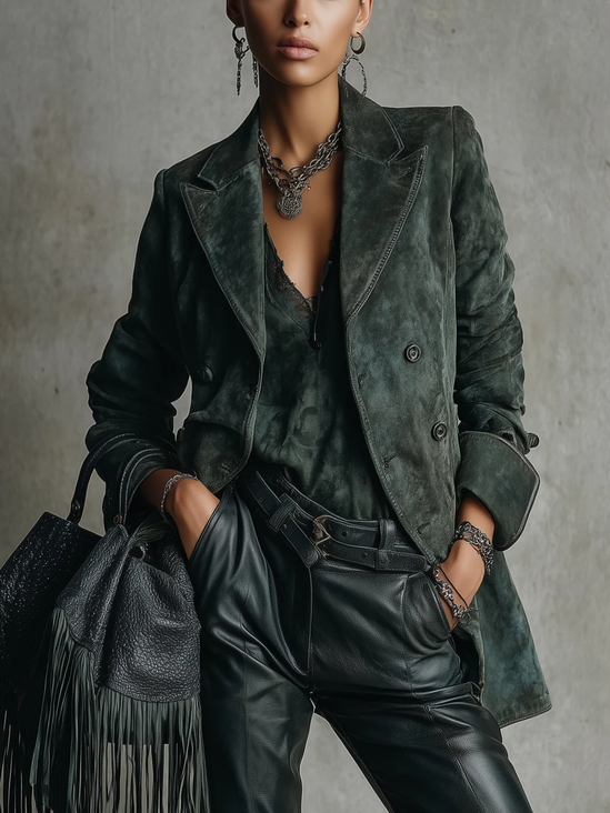 Urban  Buttoned Plain Lapel Collar Suede Coat