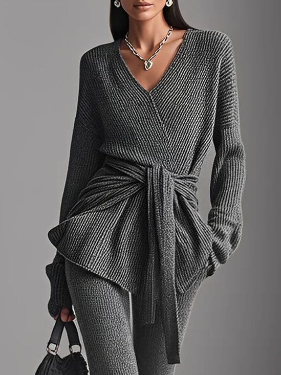 Urban Plain V Neck Sweater With Belt