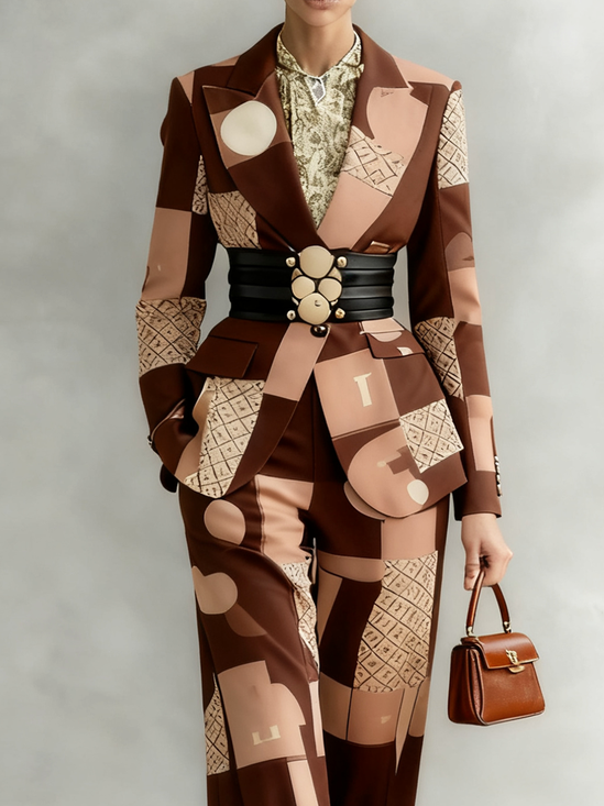 Urban Geometric Lapel Collar Blazer No Belt