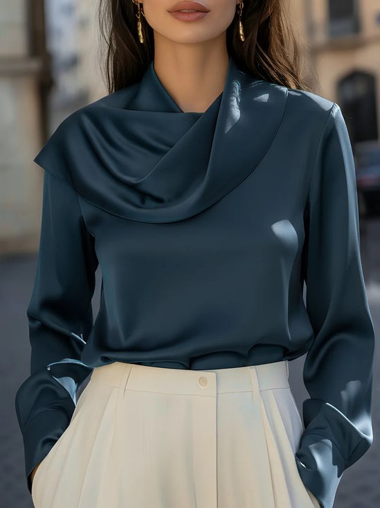 Satin Urban Plain Stand Collar Blouse