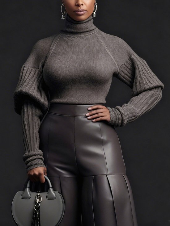 Plus Size Urban Plain Turtleneck Puff Sleeve Sweater