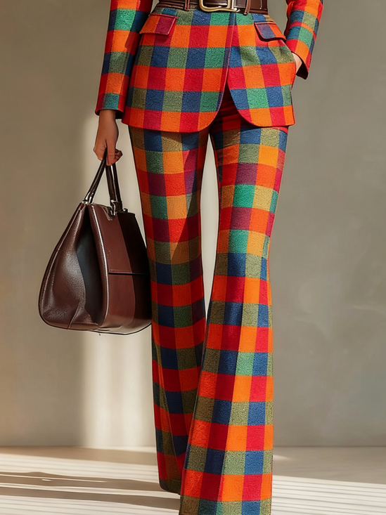 Urban Plaid Printing Flare Pants
