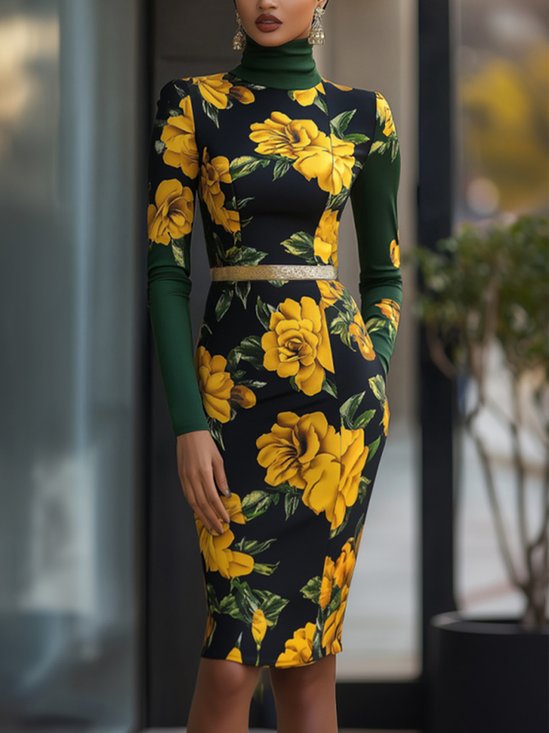 Elegant Floral Printing Turtleneck Knee Length Dress