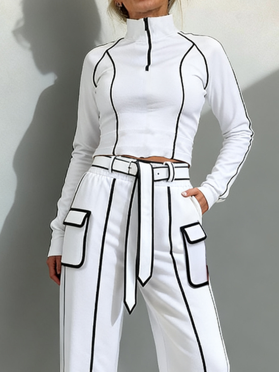 Casual Color Block Stand Collar Blouse