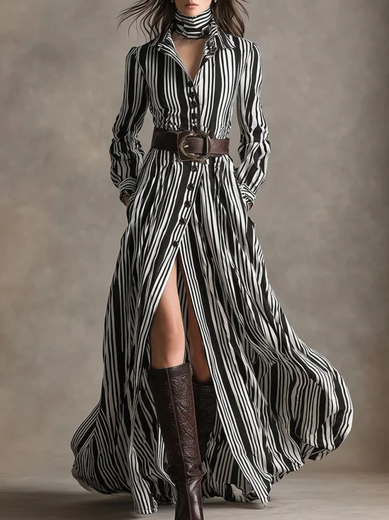Vacation Striped Shirt Collar Maxi Dress No Belt