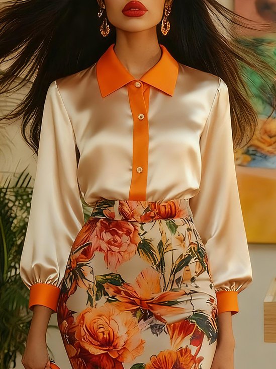 Elegant Color Block Split Joint Shirt Collar Shirt