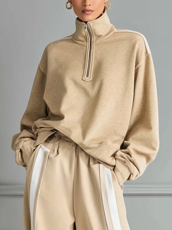 Casual Plain Zipper Stand Collar Raglan Sleeves Sweatshirt