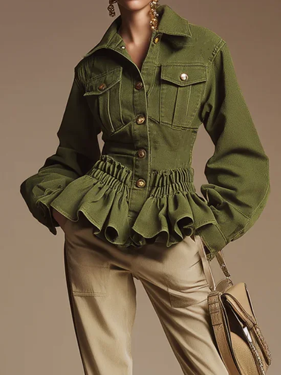 Urban Ruched Plain Shirt Collar Denim Jacket