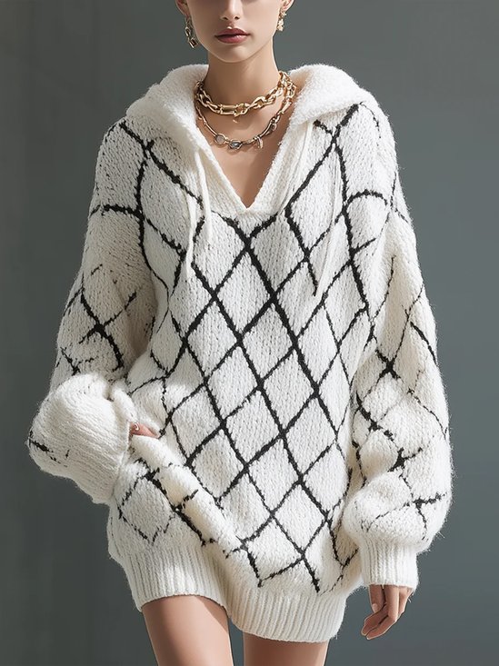 Casual Plaid Loosen Hoodie Sweater Mini Dress