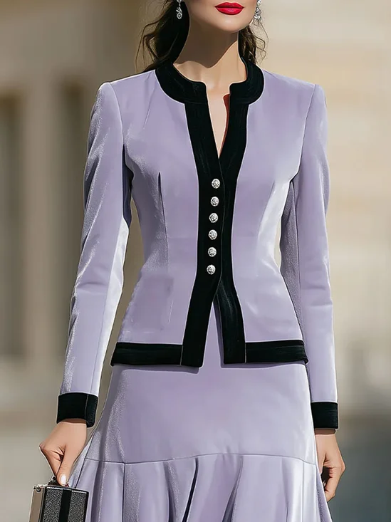 Urban Velvet Buttoned Color Block Crew Neck Jacket