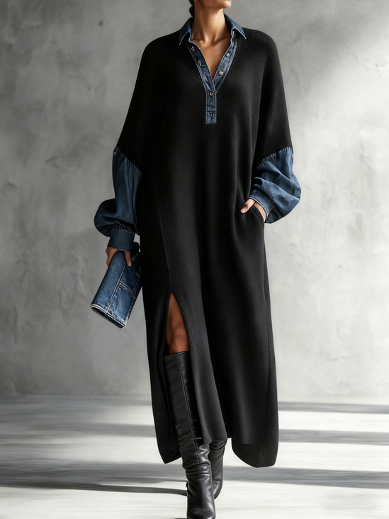 Casual Color Block Shirt Collar Maxi Dress