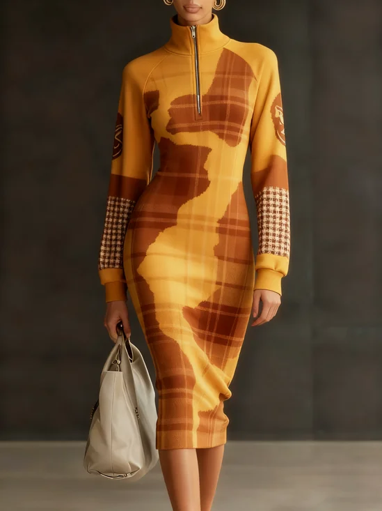 Urban Geometric Stand Collar Midi Dress