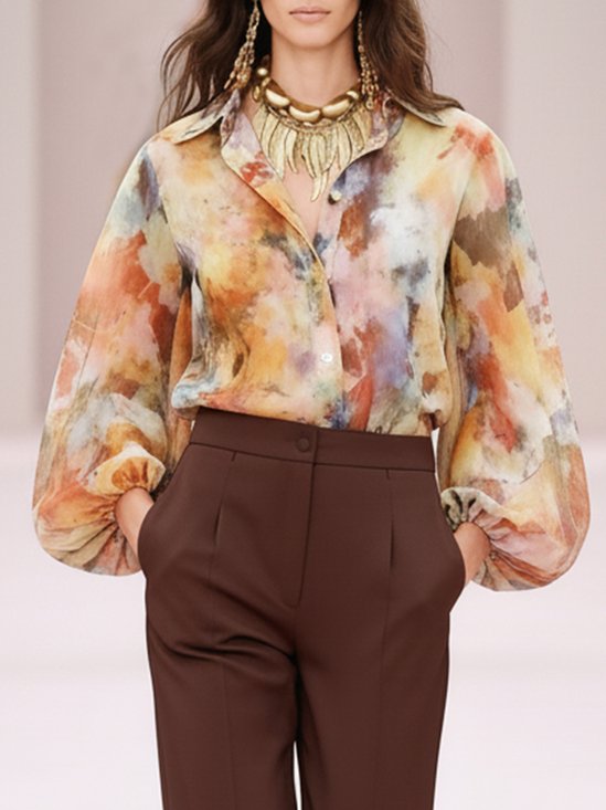 Urban Floral Printing Shirt Collar Balloon Sleeve Shirt