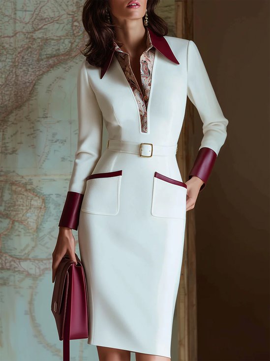 Urban Color Block Split Joint Shirt Collar Knee Length Dress With Belt