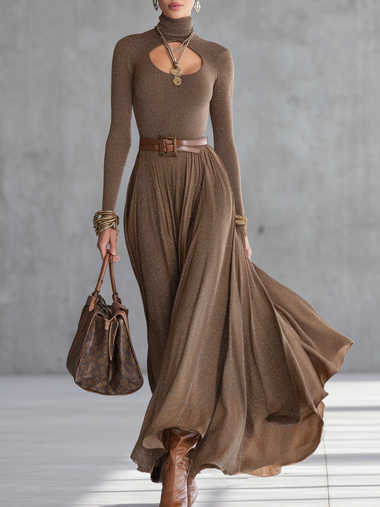 Elegant Plain Hollow Out Turtleneck Maxi Dress No Belt