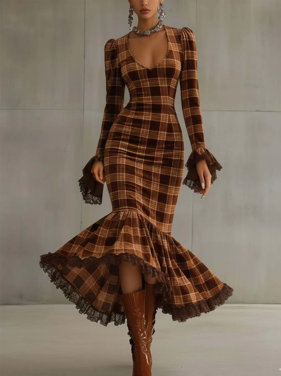 Urban Plaid Printing Lace V Neck Midi Dress