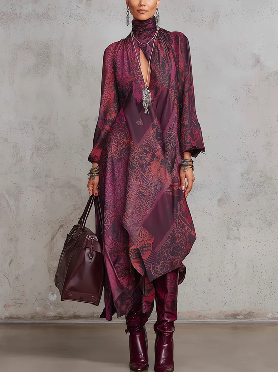 Urban Paisley Printing Turtleneck Midi Dress