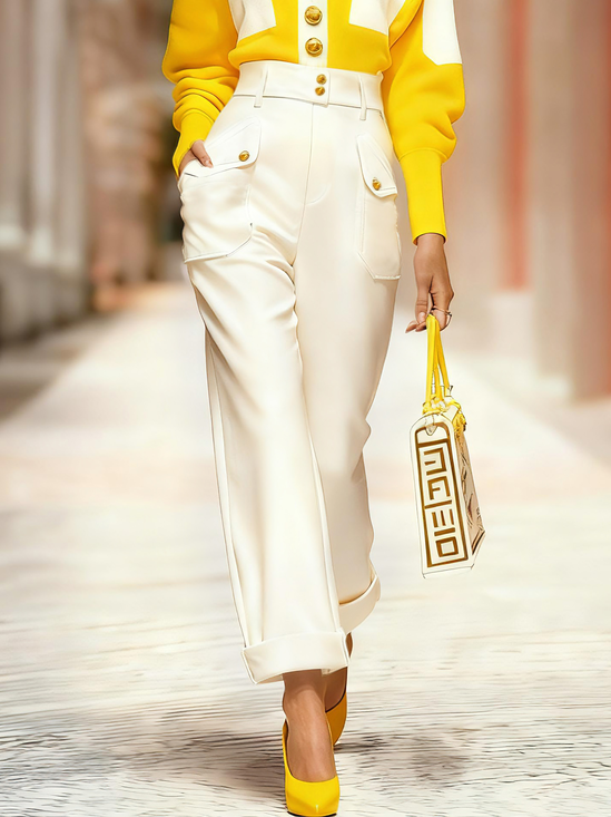 Urban Plain Pockets Buttoned Straight Pants