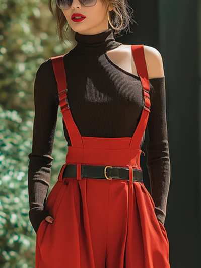 Knitted Casual Plain Hollow Out Turtleneck T-shirt