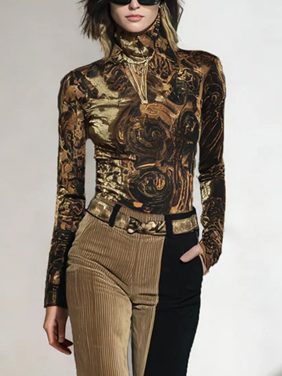 Urban Random Print Printing Turtleneck T-shirt