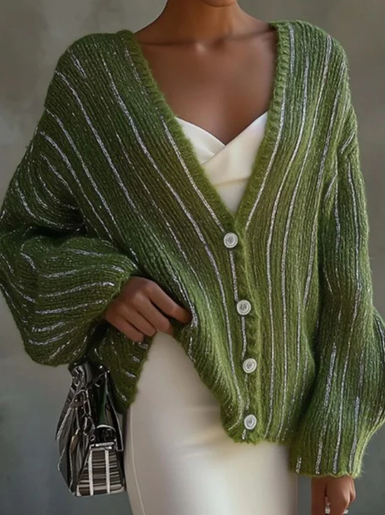 Casual Striped Buttoned V Neck Raglan Sleeves Cardigan