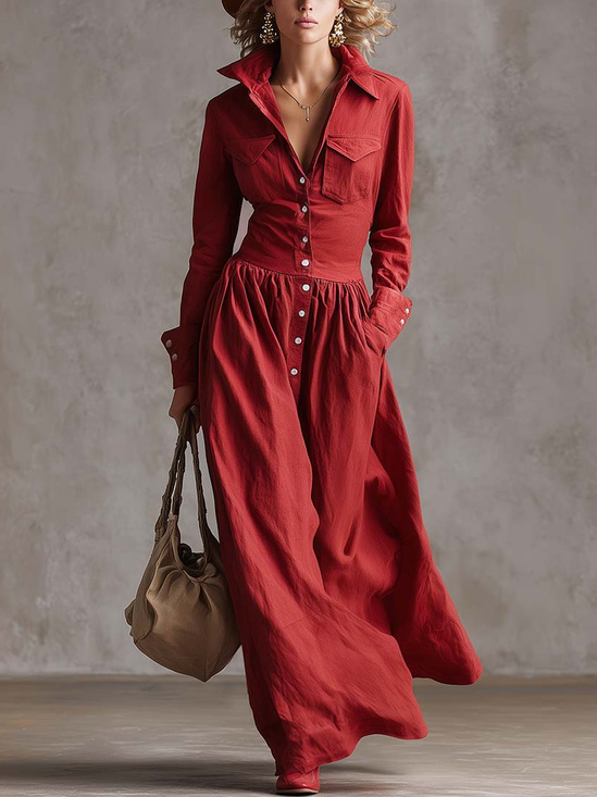 Elegant Plain Buttoned Shirt Collar Maxi Dress
