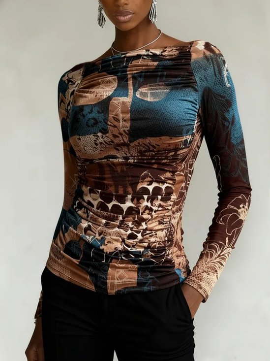 Casual Abstract Graphic Printing Boat Neck T-shirt